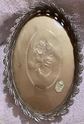 KAREW Vintage Brass & Glass 14” Oval Leaf Ornate Footed Vanity Tray Gold Roses • $29.99