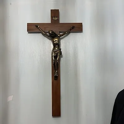 Jesus Christ Wall Cross Crucifix Sapelle Wood Brass Catholic Christian Religious • £30