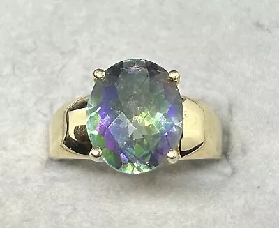Large 14k Yellow Gold Iridescent Oval Mystic Fire Topaz Ring Sz7 4.85g • $450