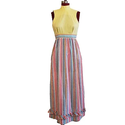 Vintage 60s Mr Jac Maxi Dress XS/S Multi Stripe Swiss Dot Sleeveless Open Back • $65.97
