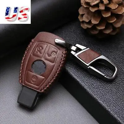 Remote 3 Buttons Key Case Bag Fob Holder Leather Cover Chain Fit Mercedes Benz E • $11.65