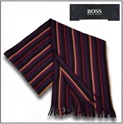 Hugo Boss 100% Wool Purple Black Red Stripe Knit Fringe Long Scarf 64  X 12  • $55