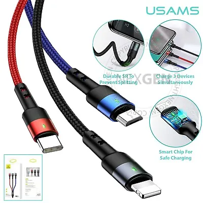 USAMS 3 In 1 Fast USB Charging Cable Multi Charger Cord Type C Micro USB IPhone • $17.99