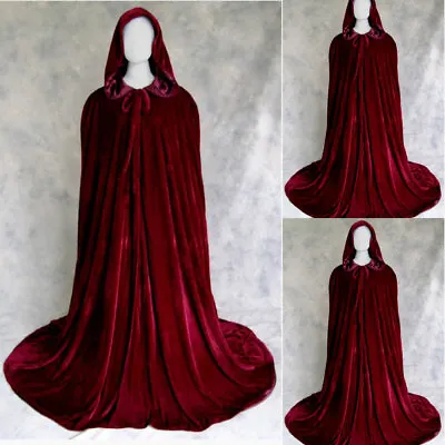 Wine Red Velvet Hooded Cloak Wedding Cape Halloween Wicca Medieval Robe Coat • $33.83