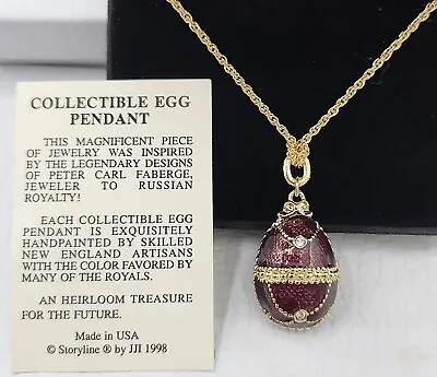 Vintage JJI Faberge Inspired Burgundy Enamel & Rhinestone Egg Pendant Necklace • $14.99