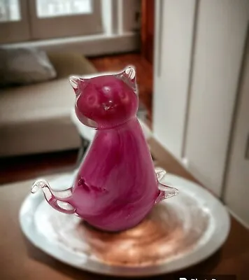 Art Glass Cat/Kitten/Feline Glass Figurine/ Murano Style Pink And Clear • $13.48