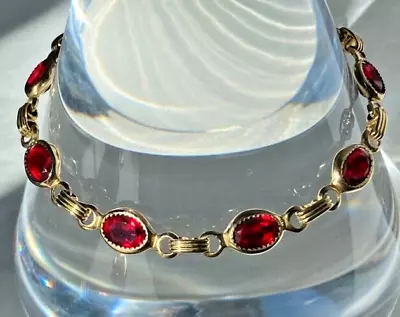 Vintage DANECRAFT 1/20 12k Gold Filled Faceted Garnet Red Crystal Bracelet 1960s • $55