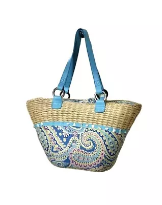 Vera Bradley XLARGE Capri Blue Woven Straw Beach Tote Bag Pool Towel Swim Suit • $22.99