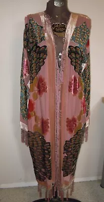 Boho Gypsy Peacock Silk Velvet Burnout Art Pink Kimono Hand Beaded Floral Robe • $149.99