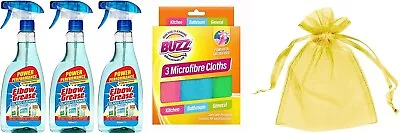 3 X Elbow Grease Glass Cleaner &Vinegar-500ml.+Buzz Microfibre Cloths Pack Of 3 • £12.20
