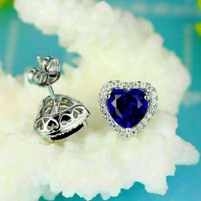 4Ct Heart Cut Blue Sapphire Lab-Created Halo Stud Earrings 14K White Gold Plated • $116.48