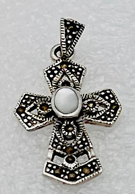 New 925 Sterling Silver Thailand Marcasite Mother Of Pearl Cross Pendant • $34.99