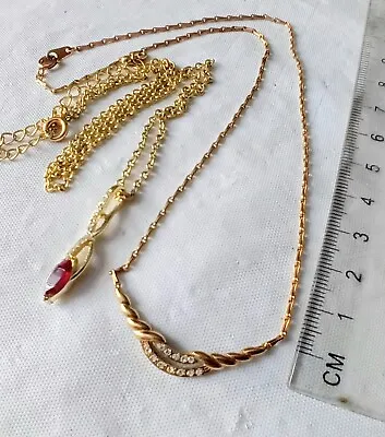 Lot Of 2 Pendant Necklaces. Red Glass Gold Tone Rhinestone. Gold Tone B531 • £5.25