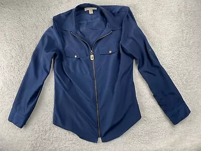 Michael Kors Full Zip Shirt Women's L Blue Gold Roll Tab Sleeves L/S Blouse Top • $24.64
