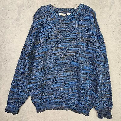Vintage 80s Mens Sweater Size XL Blue Cosby Biggie Hip Hop Zig Zag Pattern Knit • $38