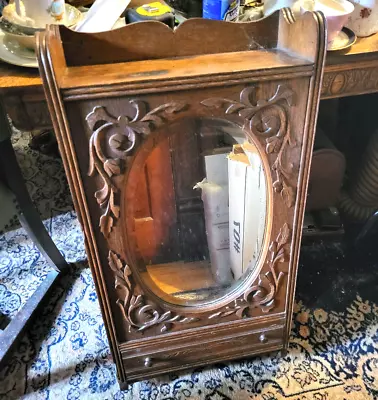 Antique OAK Medicine Cabinet W/ Gingerbread Fretwork Beveled Glass Mirror & Bar • $550