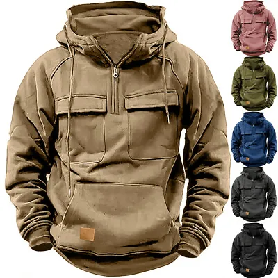 Mens Cargo Combat Hoodie Long Sleeve Half Zip Sport Army Tactical Sweatshirt Top • £5.29