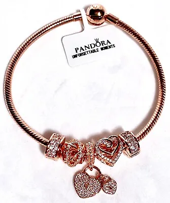 Genuine Pandora Rose Gold Snake Chain Bracelet 5 Charm With Original Box Gift AU • $268