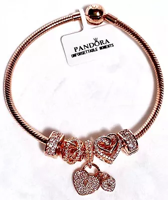 $268 • Buy Genuine Pandora Rose Gold Snake Chain Bracelet With 5 Charm With Original Box AU