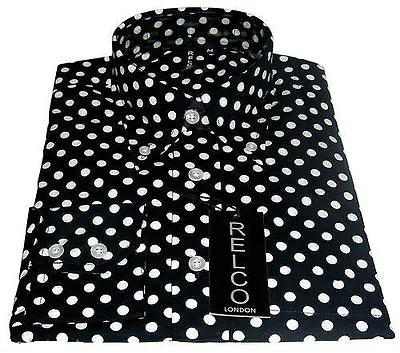 Relco Mens Black Polka Dot Long Sleeve Shirt Mod Vintage Retro 60s Spot Pin • £44.99