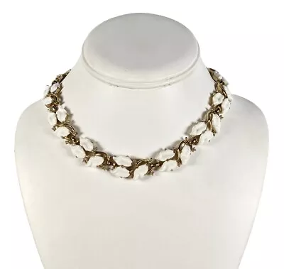 Vintage 50s 60s TRIFARI White Leaf Shape Milk Glass & Rhinestone Choker Necklace • $32