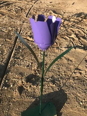 Recycled Metal Flower Purple Tulip Garden Stake Yard Art Spring Color 22  Tall • $7.85