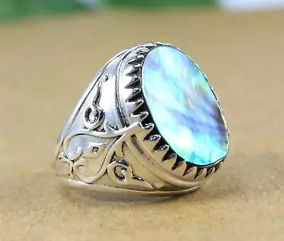 Solid 925 Sterling Silver AAA Blue Abalone Shell Gemstone Partywear Mens Ring • $44.50