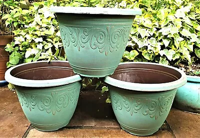£8.99 • Buy  35CM XL LAUREL COPPER GREEN Plant Pot Outdoor Garden Round Plastic Planter -