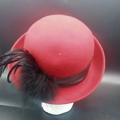 WOMAN AMANDA SMITH Red 100% WOOL FELT BUCKET HAT VELVET BOW FEATHERS ITALY • $17.70