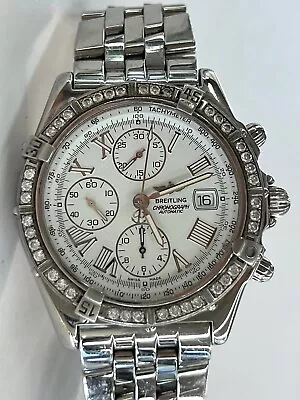 Breitling Crosswind Chronograph White Roman Dial Diamond Bezel 43mm Watch A13055 • $4350