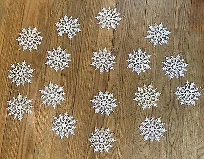 (17) Vtg Snowflake Christmas Ornaments Sugared White Plastic Glitter Irridescent • $14.50