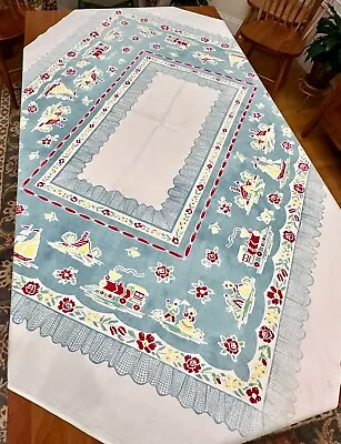 Vintage Printed Cotton Tablecloth 62 X52  Figures & Florals • $12.50