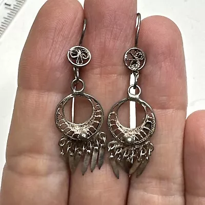 Sterling Silver Dangle Hook Earrings Ornate Circle Tassel Filigree 925 Mexico • $18