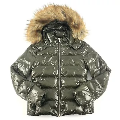 Zara Womens Size M Down Jacket Faux Fur Trim Hood Olive Green • $14.99