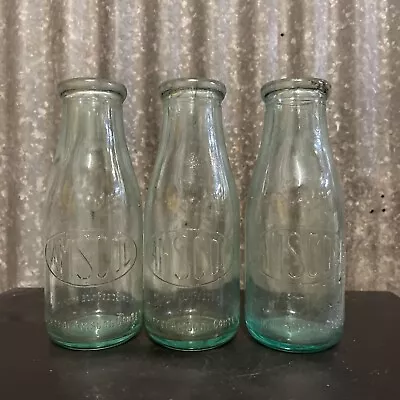 Amscol Set Of 3 X Milk Embossed Glass Bottles 1 Pint Vintage School Deli • $62.80