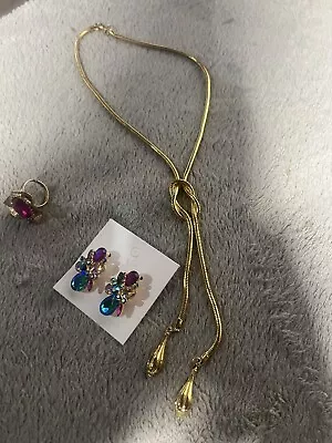 Vintage Gold Necklace Iridescent Jeweled Earrings Ring Jewelry Lot GREAT PRICE!! • $14.99
