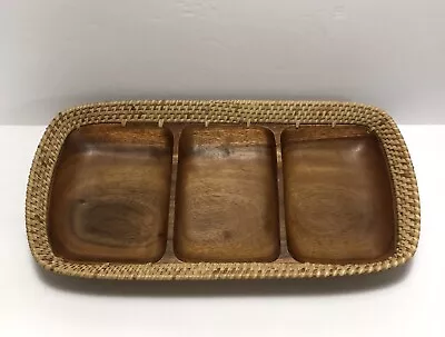 Vintage Mid Century Modern Wicker And Wood Divided Tray 3 Compartment • $30