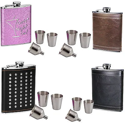 New Ladies & Men 8oz Hip Flask Stainless Steel With 2 Cups And Funnel Modern Set • £9.99