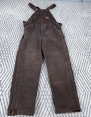 Vintage Carhartt Bibs Coveralls Men 40x34 Dark Brown Insulated Lined Work Faded • $69.91