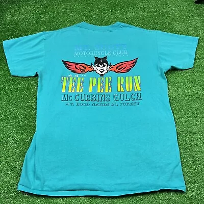 Vintage 1995 Mt. Scott 44th Tee Pee Run Motorcycle Club T-Shirt Teal Size Large • $24