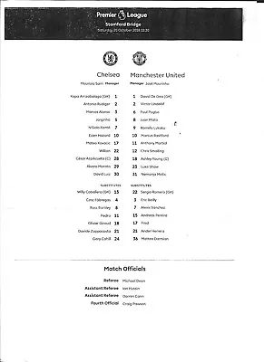 Teamsheet - Chelsea V Man Utd 20/10/18 • £1