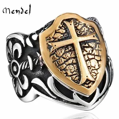 MENDEL Mens Crusader Shield Knights Templar Cross Ring Stainless Steel Size 7-15 • $12.99