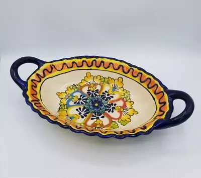 Vibrant 2 Handled Serving Dish Mexican Pottery Handpainted Floral Design • $33.99