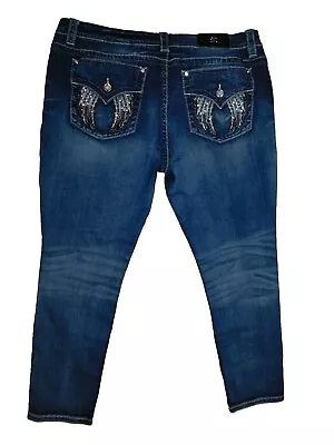 MISS ME Jeans Women’s 32 Mid Rise Easy Skinny Dark Wash Blue Rhinestones 36x33 • $40