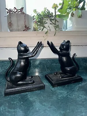 Vintage Cat Cast Iron Bookends Set Of 2 Dark Black Cats On Base • $44.99