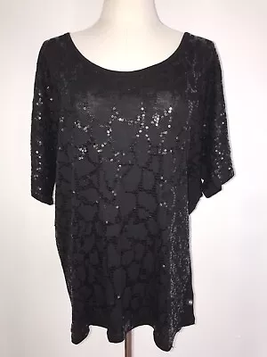 Michael Kors Stretch Black Tee Scoop Neck Top With Patterned Sequins XL • $18.99