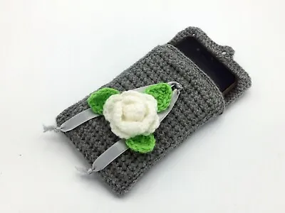 Handmade Crochet Mobile Phone Bag Phone Case White 3D Rose Unique Vintage Vibe • £15