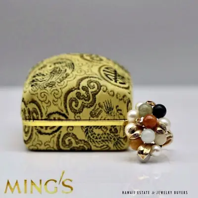 MING'S 11.6g 14KYG MULTI JADE & PEARL CLUSTER W/LEAF MOTIF RING SIZE 7.75 W/ BOX • $1200