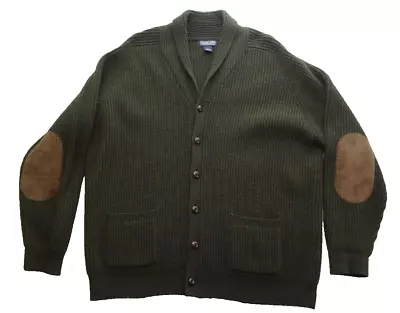 Lands End XL 46-48 Shawl 100% Lambs Wool Leather Elbow Patch Fisherman Sweater • $69.98