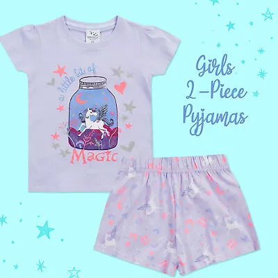 Girls Unicorn 100% Cotton Pyjama Set Nightwear Summer Glitter 3 4 5 6 7 8 9 10 • £8.09